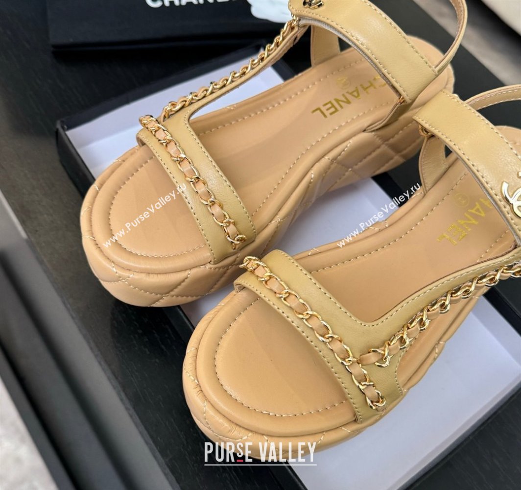 Chanel Lambskin Strap Wedge Sandals with Chain Beige Yellow 2025 CH030407 (MD-250304114)