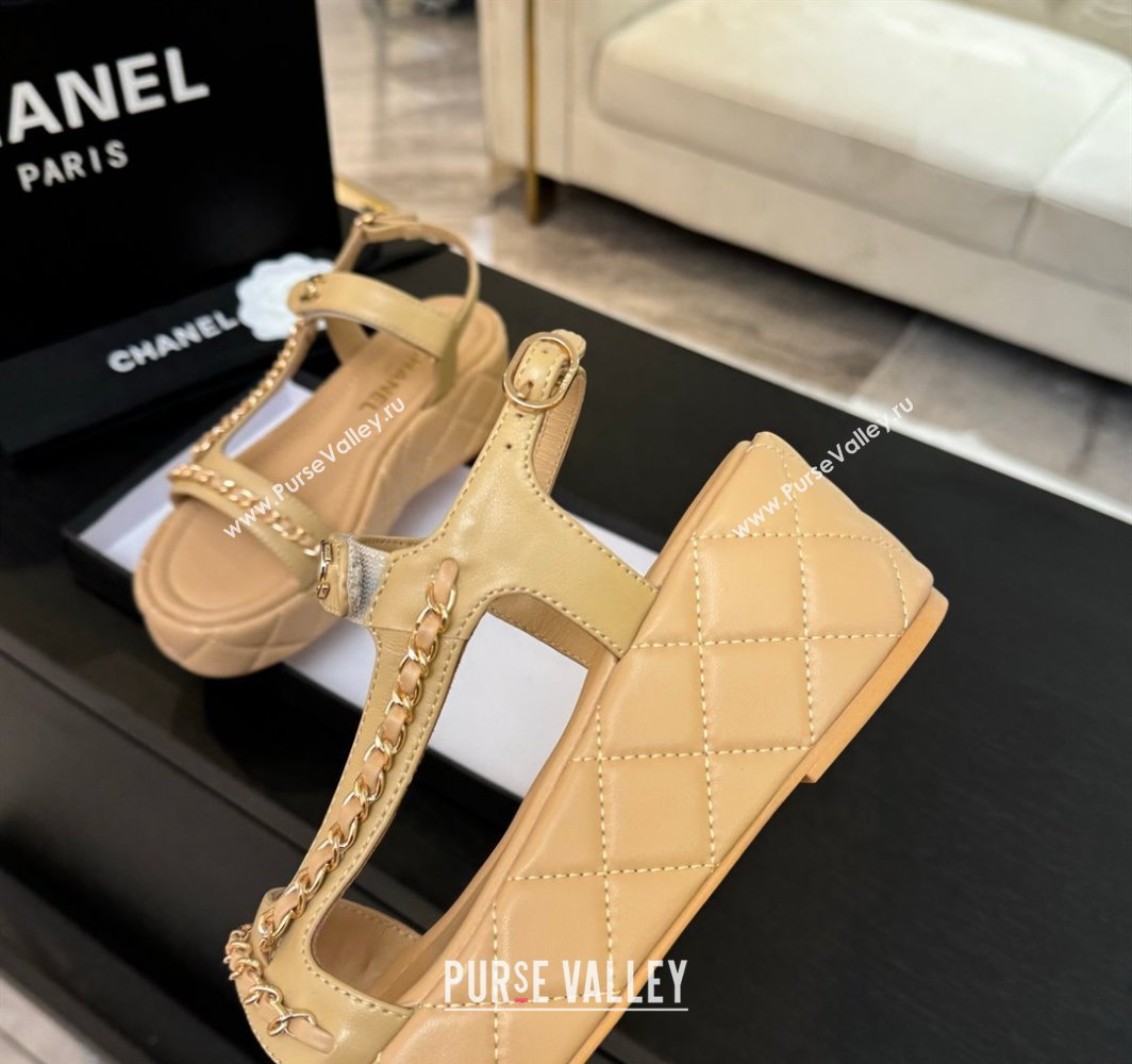 Chanel Lambskin Strap Wedge Sandals with Chain Beige Yellow 2025 CH030407 (MD-250304114)