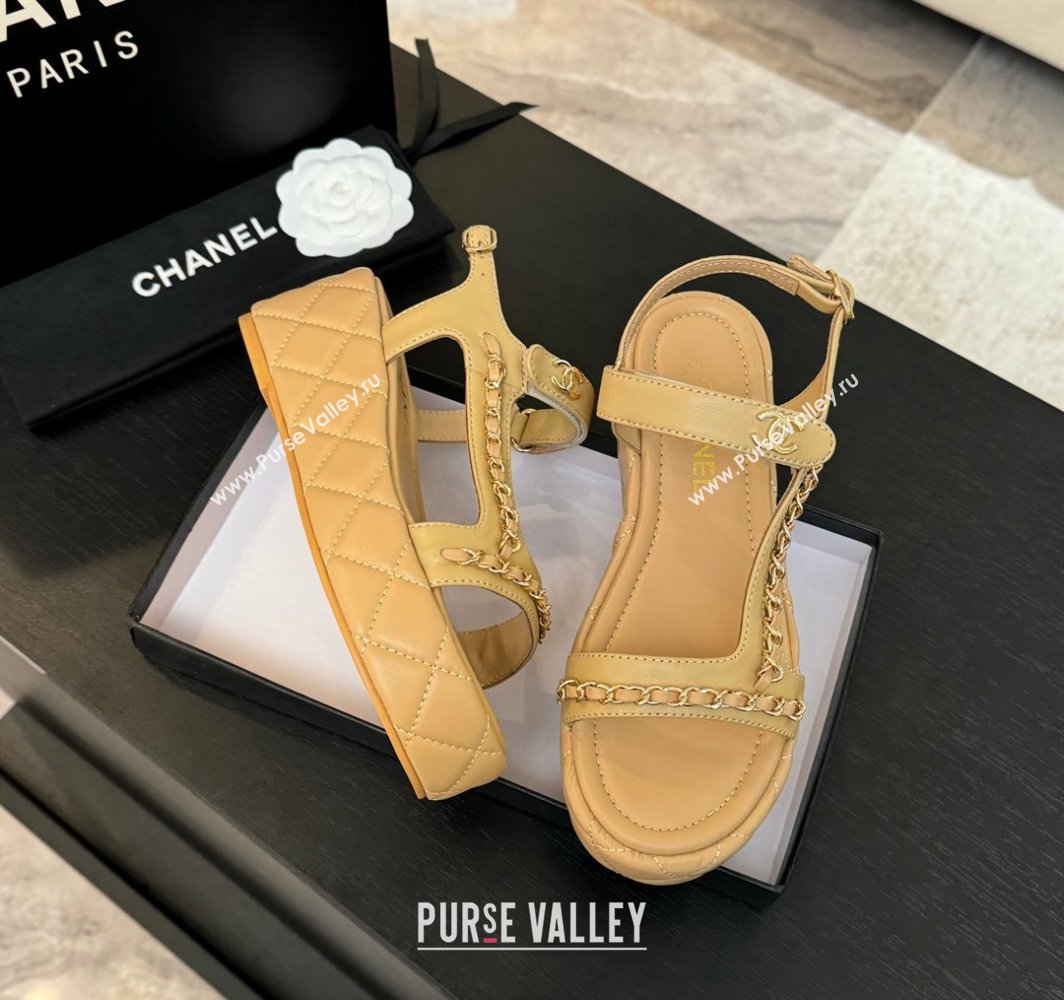 Chanel Lambskin Strap Wedge Sandals with Chain Beige Yellow 2025 CH030407 (MD-250304114)