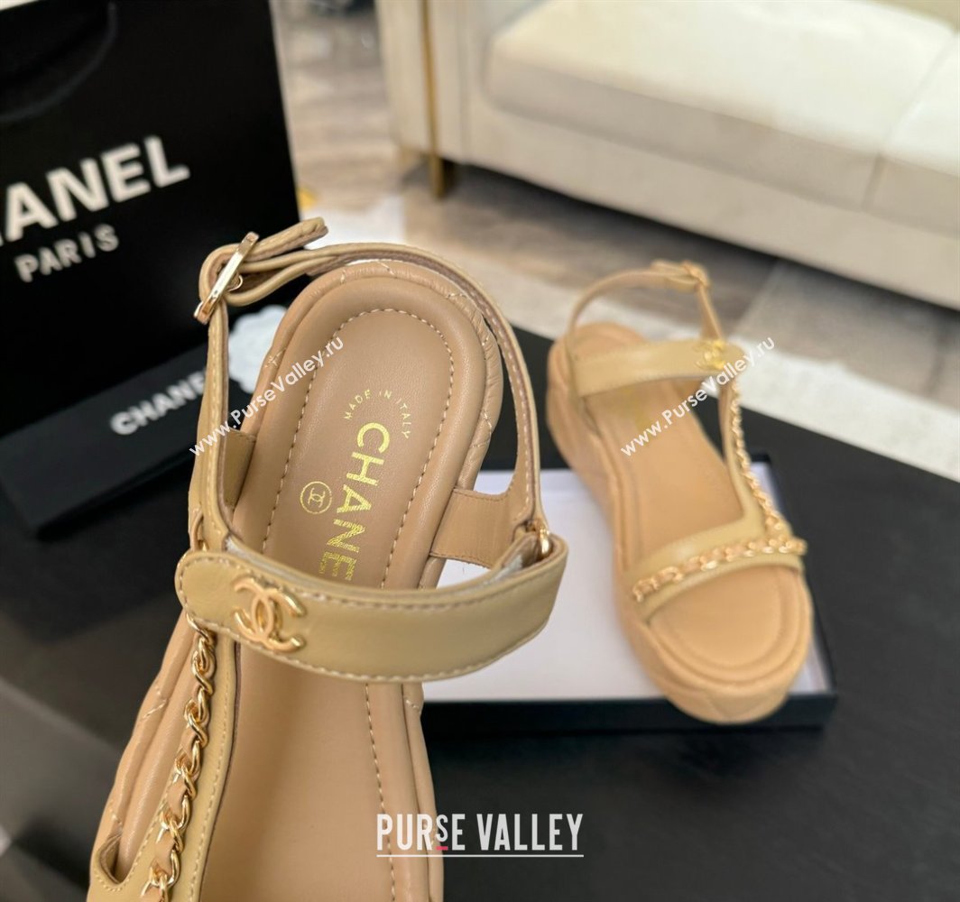 Chanel Lambskin Strap Wedge Sandals with Chain Beige Yellow 2025 CH030407 (MD-250304114)