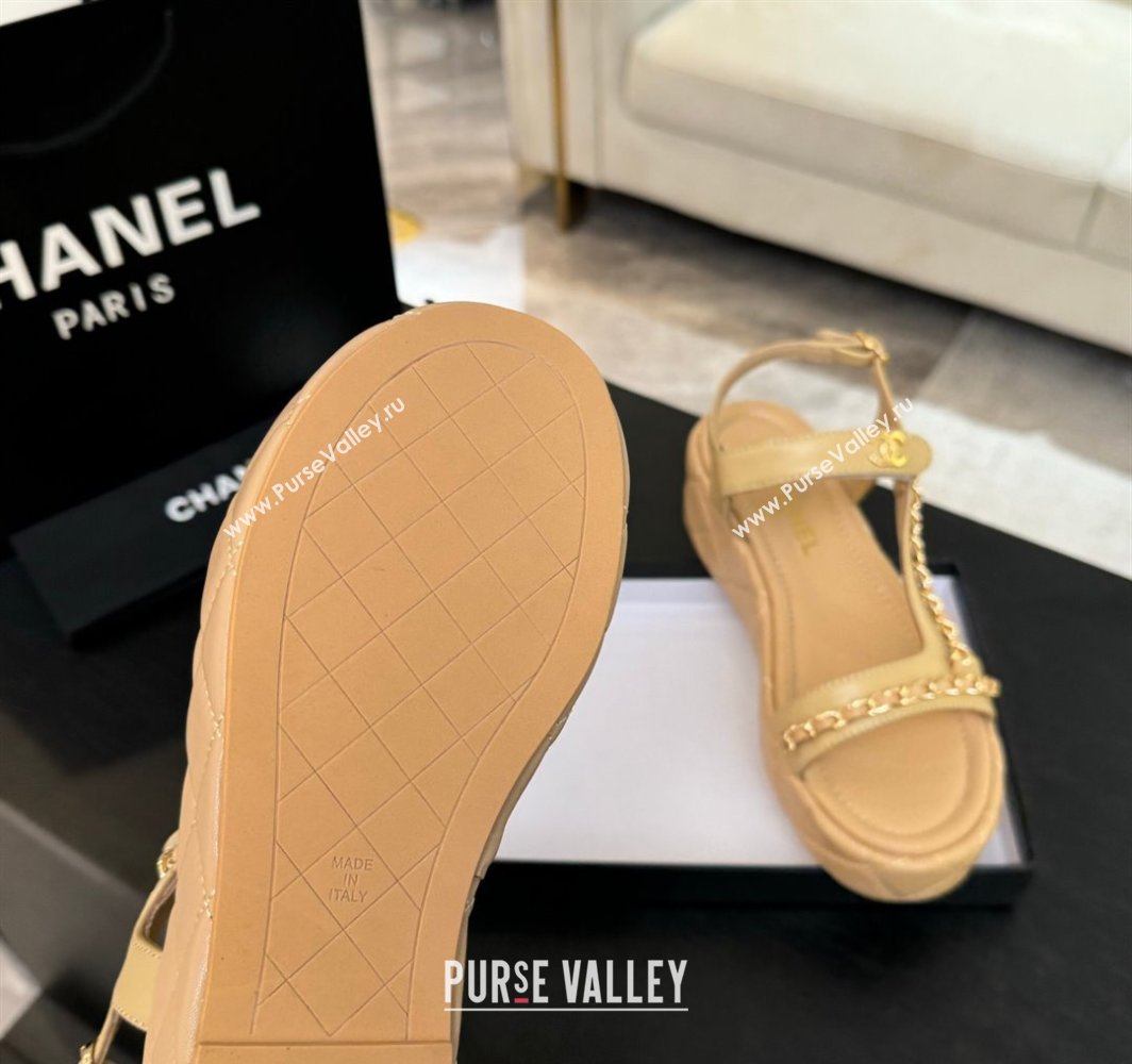 Chanel Lambskin Strap Wedge Sandals with Chain Beige Yellow 2025 CH030407 (MD-250304114)