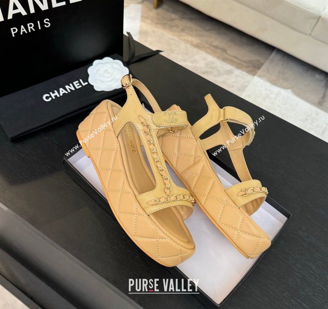 Chanel Lambskin Strap Wedge Sandals with Chain Beige Yellow 2025 CH030407 (MD-250304114)