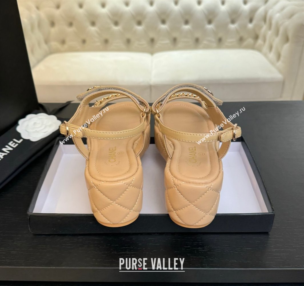 Chanel Lambskin Strap Wedge Sandals with Chain Beige Yellow 2025 CH030407 (MD-250304114)