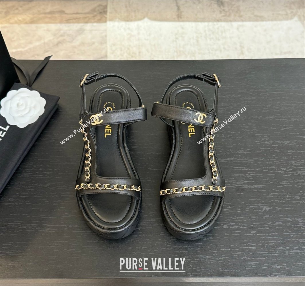 Chanel Lambskin Strap Wedge Sandals with Chain Black 2025 CH030407 (MD-250304115)