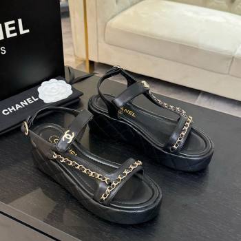 Chanel Lambskin Strap Wedge Sandals with Chain Black 2025 CH030407 (MD-250304115)
