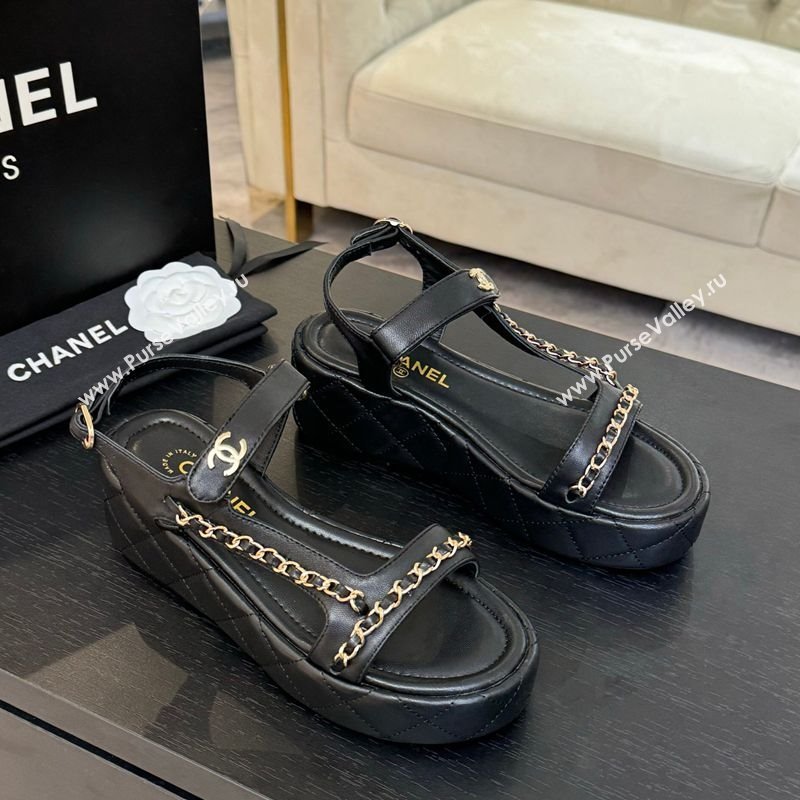 Chanel Lambskin Strap Wedge Sandals with Chain Black 2025 CH030407 (MD-250304115)