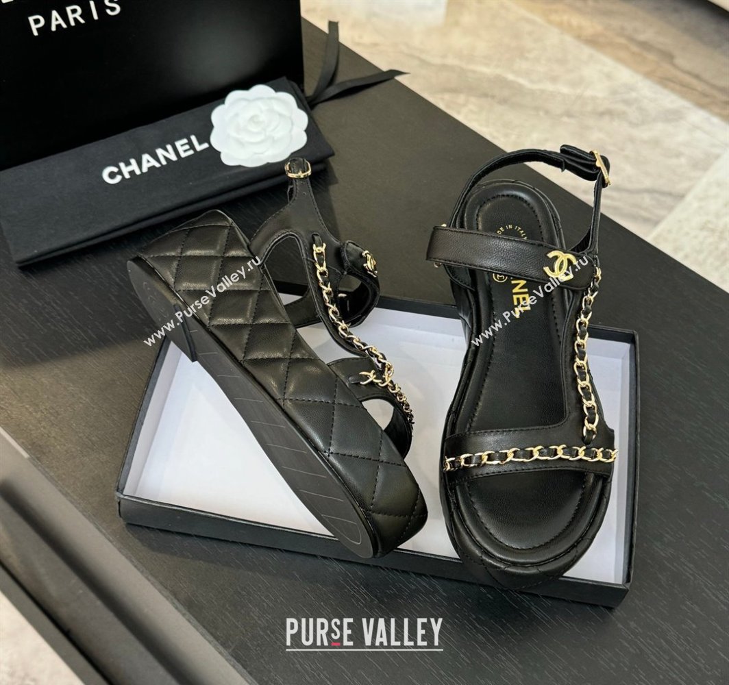 Chanel Lambskin Strap Wedge Sandals with Chain Black 2025 CH030407 (MD-250304115)