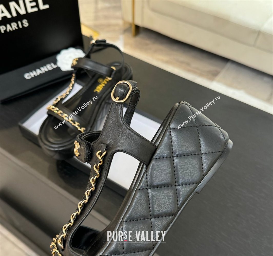 Chanel Lambskin Strap Wedge Sandals with Chain Black 2025 CH030407 (MD-250304115)