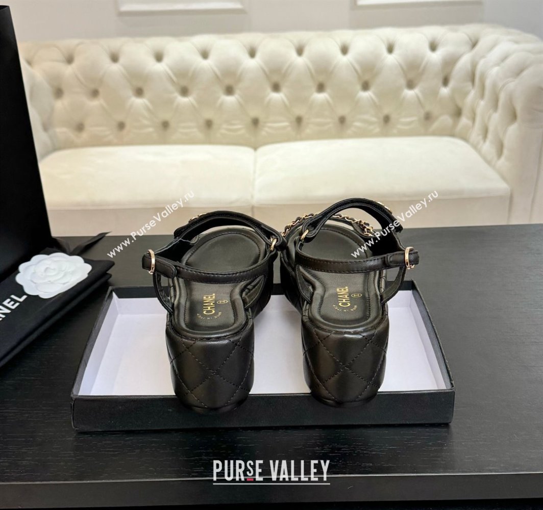 Chanel Lambskin Strap Wedge Sandals with Chain Black 2025 CH030407 (MD-250304115)