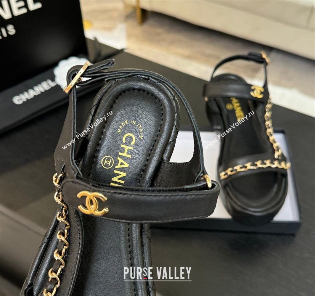 Chanel Lambskin Strap Wedge Sandals with Chain Black 2025 CH030407 (MD-250304115)