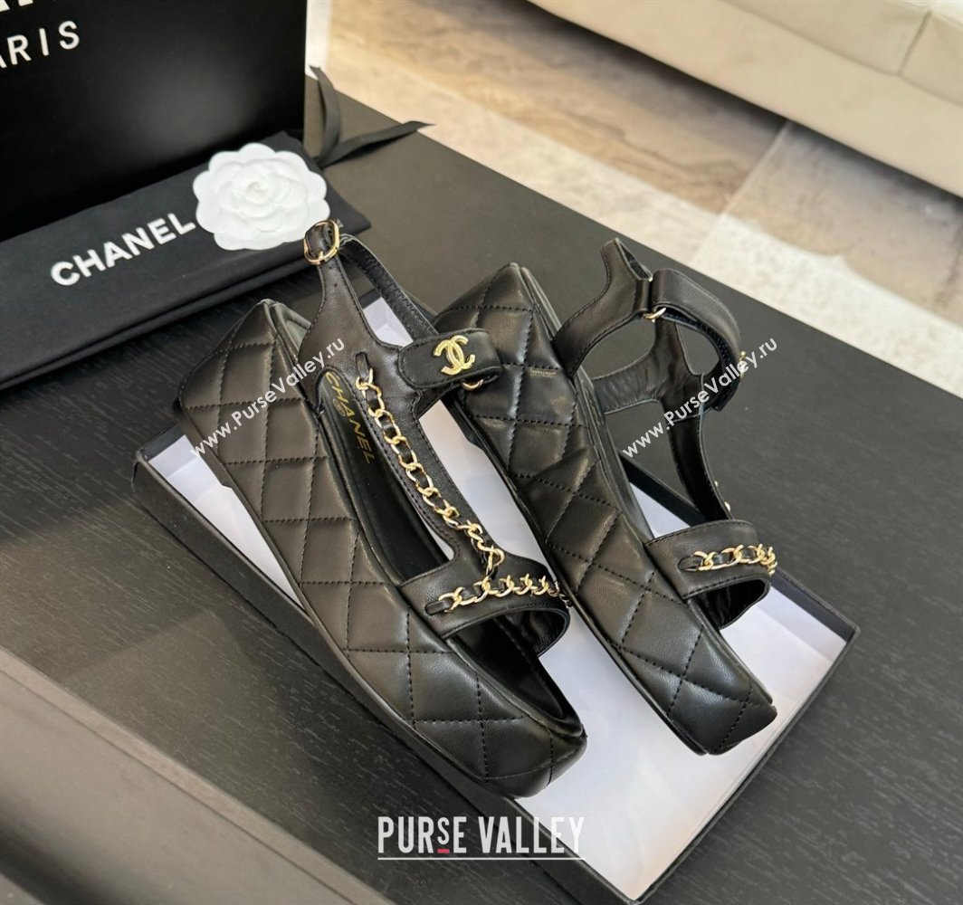 Chanel Lambskin Strap Wedge Sandals with Chain Black 2025 CH030407 (MD-250304115)