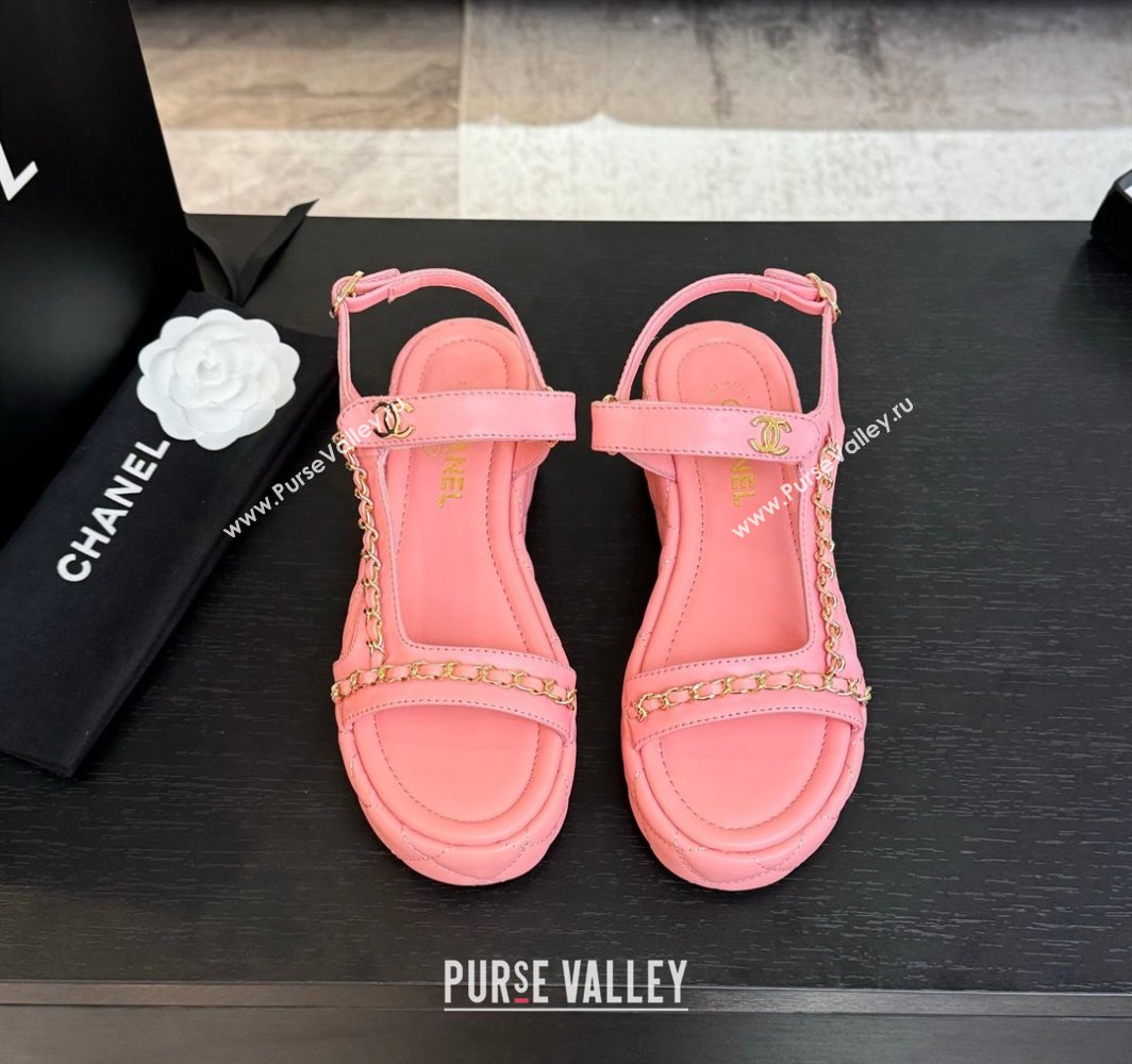 Chanel Lambskin Strap Wedge Sandals with Chain Pink 2025 CH030407 (MD-250304116)