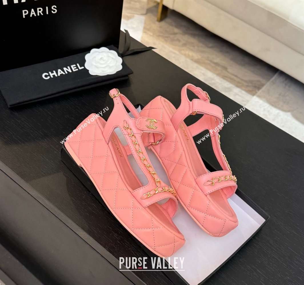 Chanel Lambskin Strap Wedge Sandals with Chain Pink 2025 CH030407 (MD-250304116)
