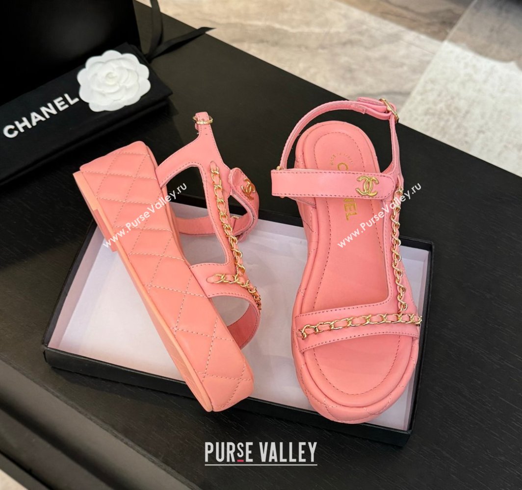 Chanel Lambskin Strap Wedge Sandals with Chain Pink 2025 CH030407 (MD-250304116)