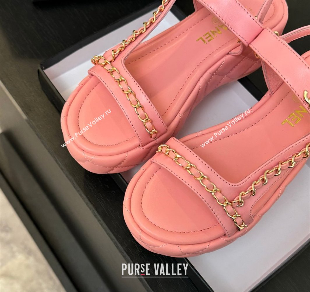 Chanel Lambskin Strap Wedge Sandals with Chain Pink 2025 CH030407 (MD-250304116)