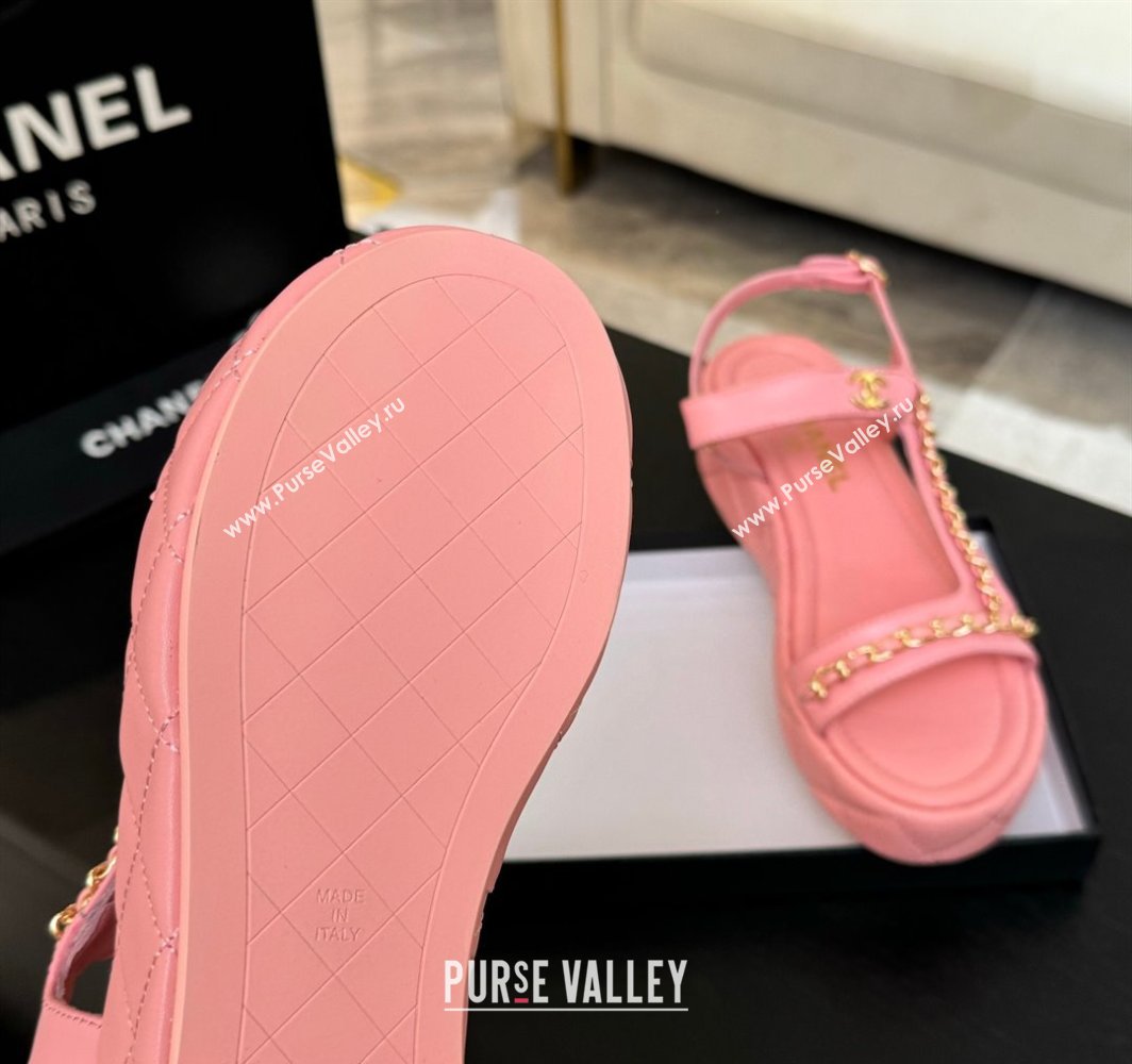 Chanel Lambskin Strap Wedge Sandals with Chain Pink 2025 CH030407 (MD-250304116)