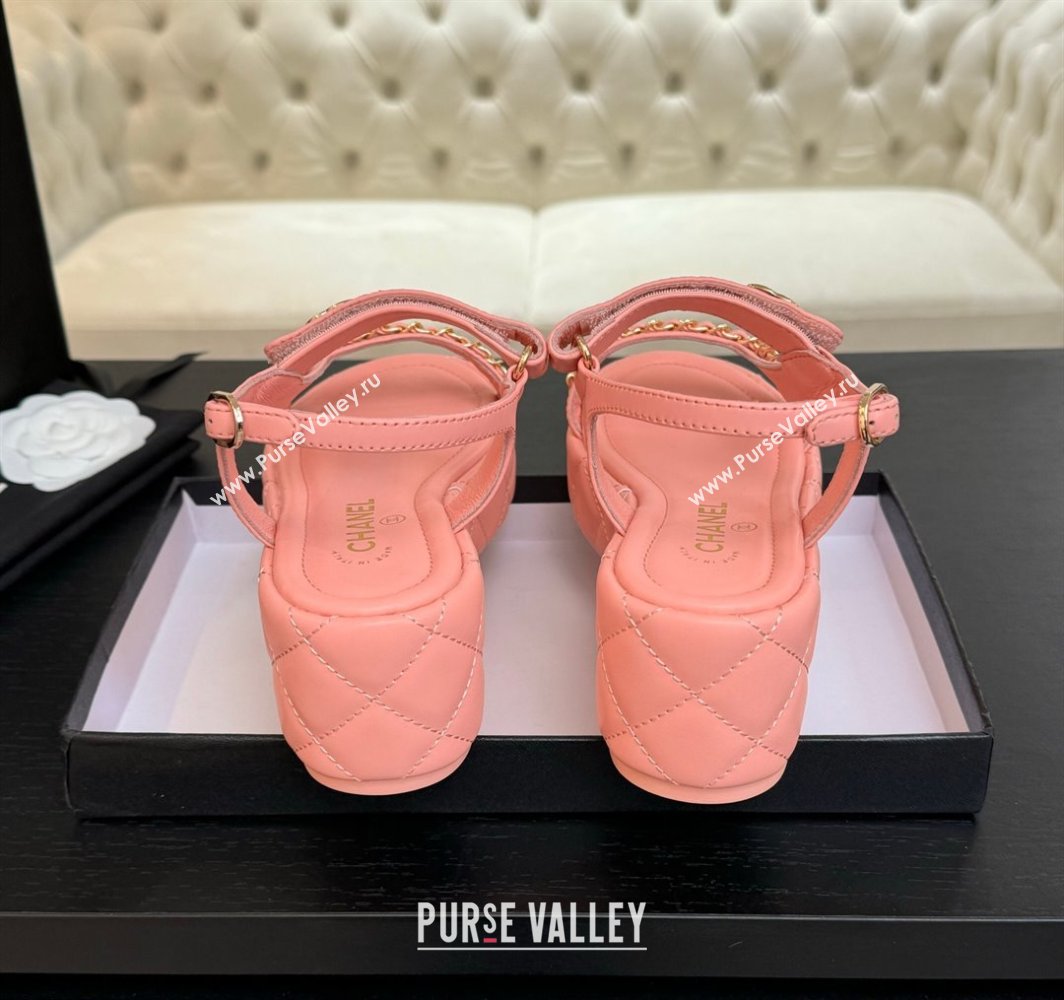 Chanel Lambskin Strap Wedge Sandals with Chain Pink 2025 CH030407 (MD-250304116)