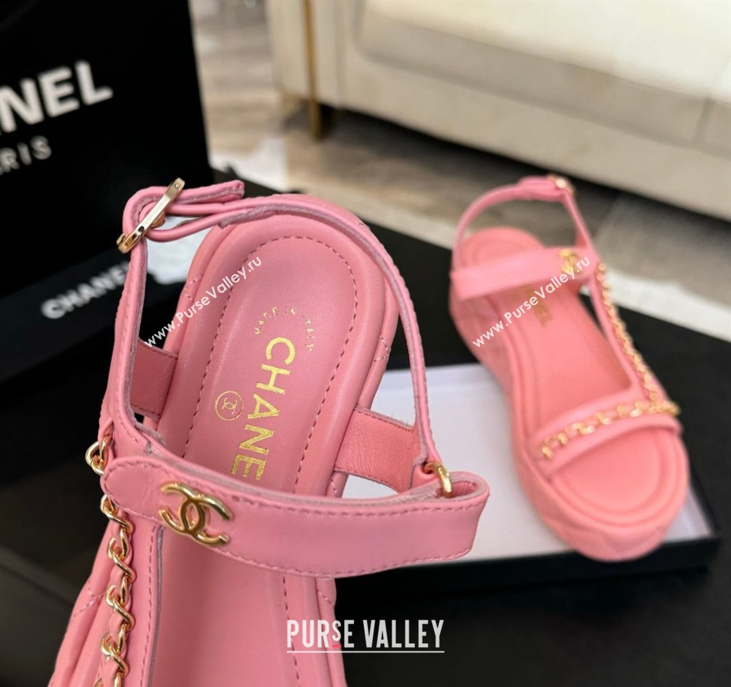 Chanel Lambskin Strap Wedge Sandals with Chain Pink 2025 CH030407 (MD-250304116)