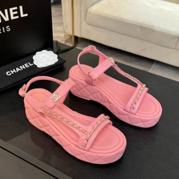 Chanel Lambskin Strap Wedge Sandals with Chain Pink 2025 CH030407 (MD-250304116)