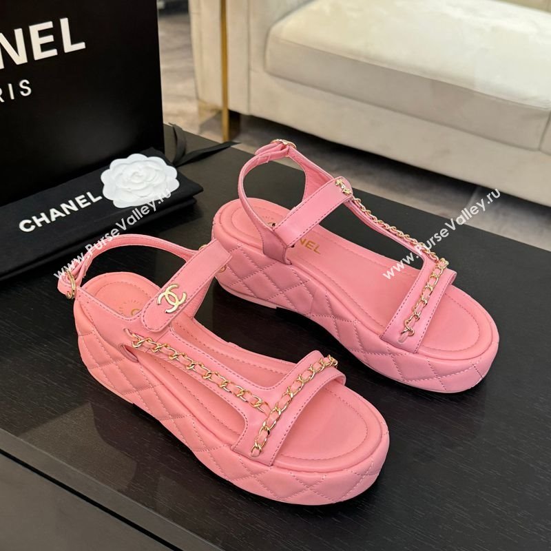 Chanel Lambskin Strap Wedge Sandals with Chain Pink 2025 CH030407 (MD-250304116)