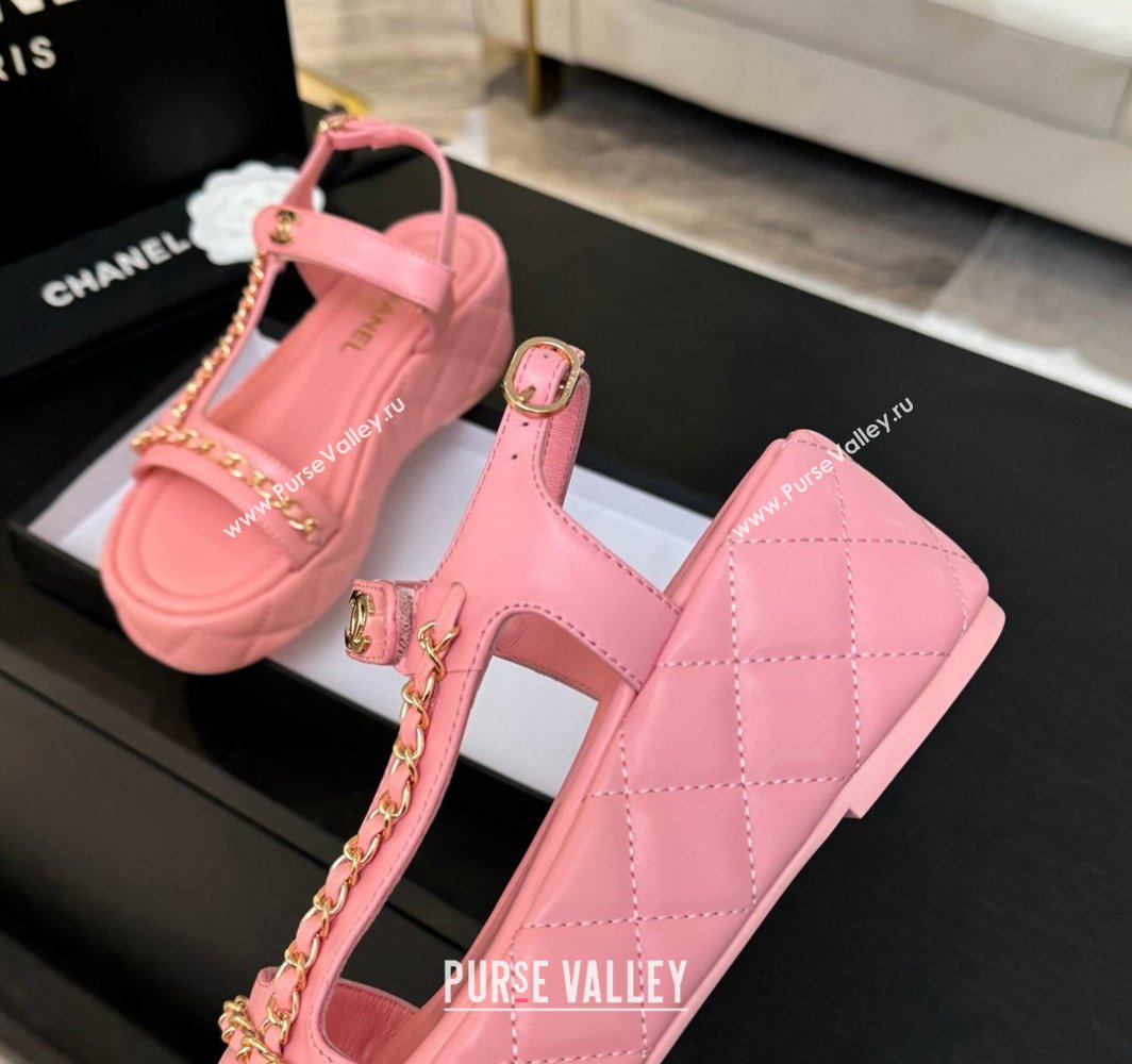 Chanel Lambskin Strap Wedge Sandals with Chain Pink 2025 CH030407 (MD-250304116)