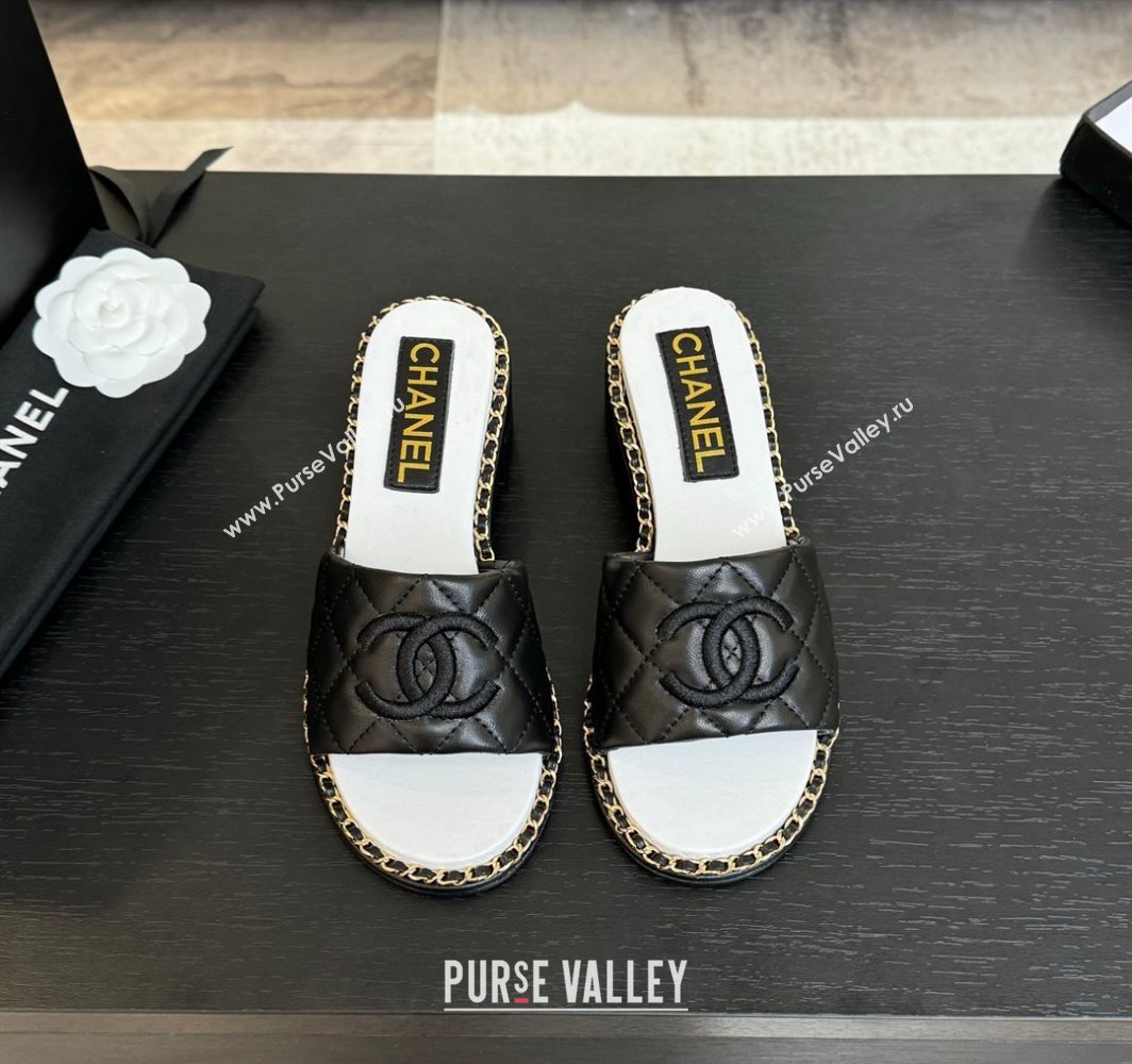 Chanel Quilted Lambskin Heel Slides Sandal with Chain Black 2025 CH030407 (MD-250304117)