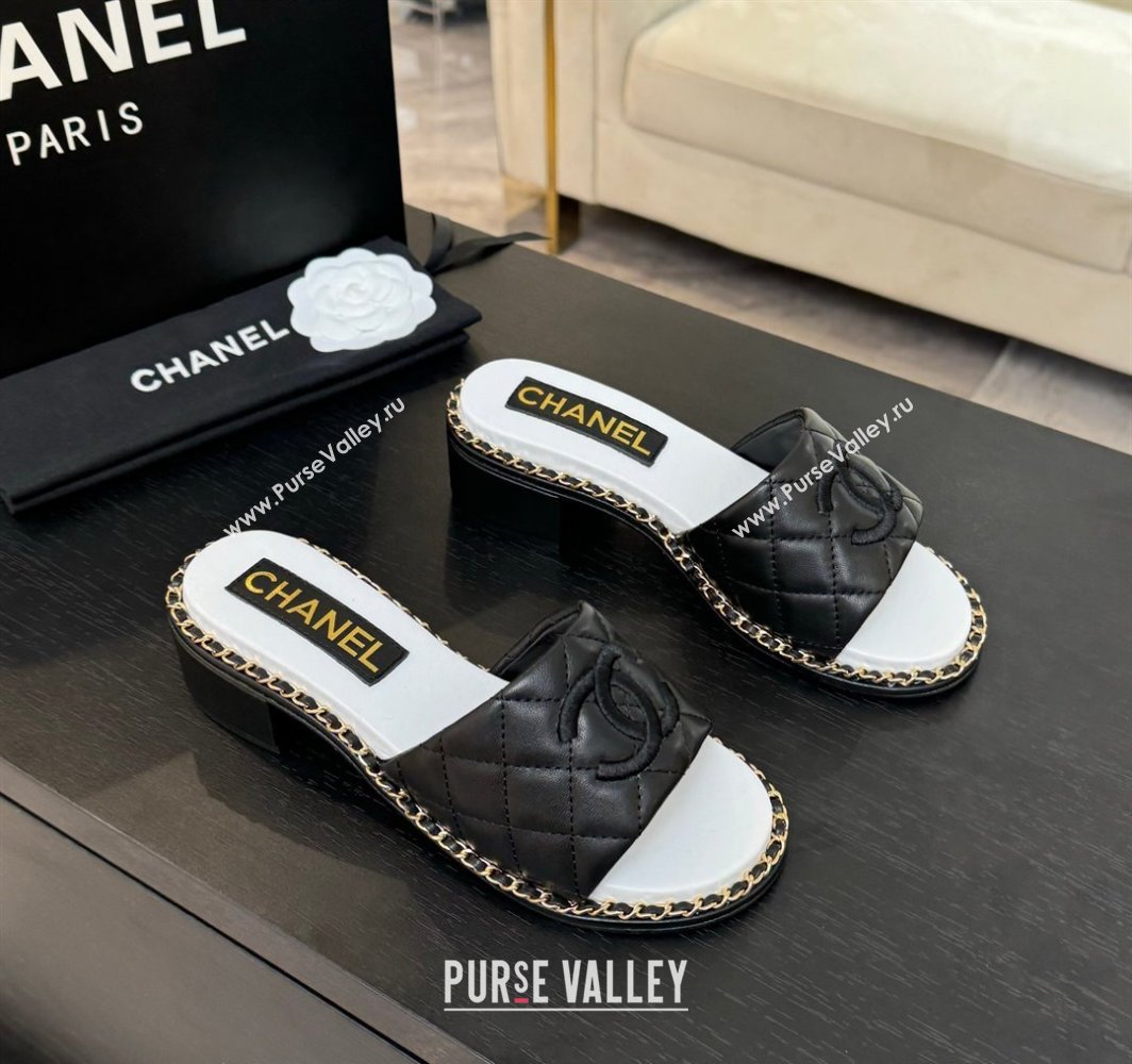 Chanel Quilted Lambskin Heel Slides Sandal with Chain Black 2025 CH030407 (MD-250304117)