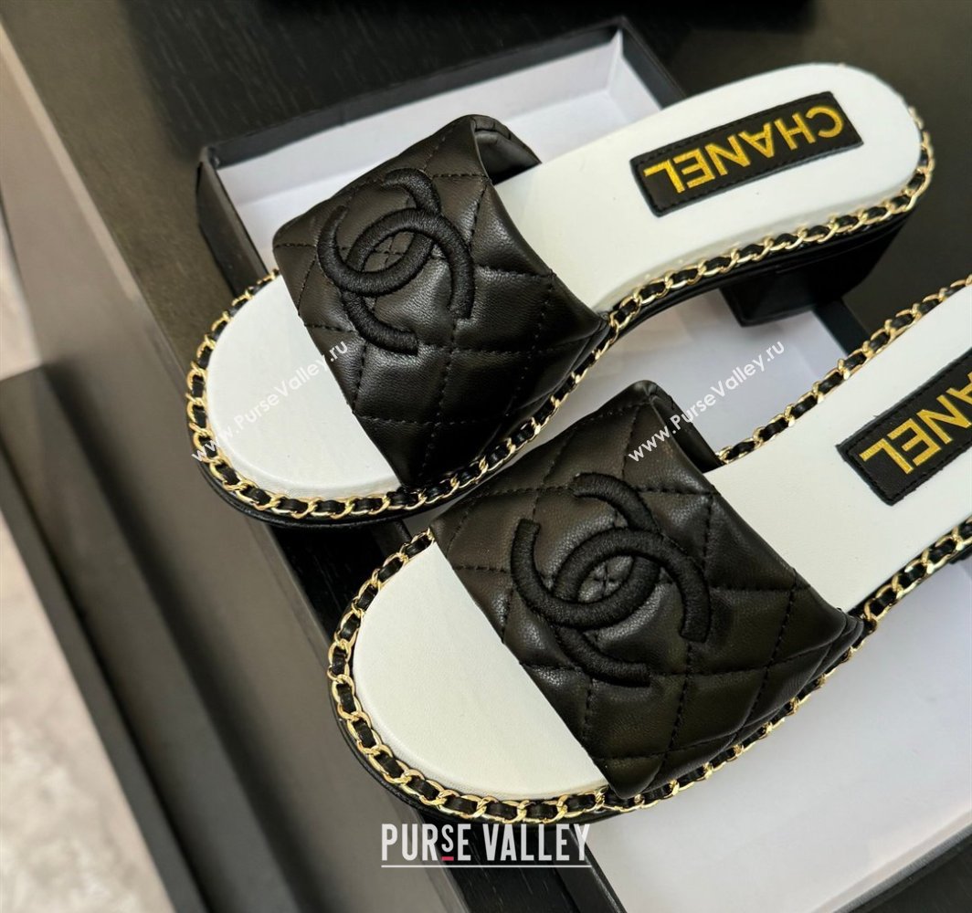 Chanel Quilted Lambskin Heel Slides Sandal with Chain Black 2025 CH030407 (MD-250304117)