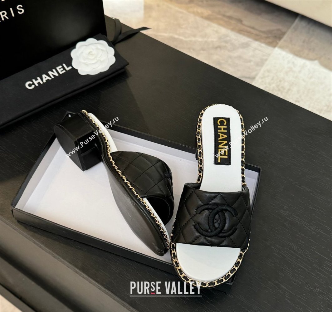Chanel Quilted Lambskin Heel Slides Sandal with Chain Black 2025 CH030407 (MD-250304117)
