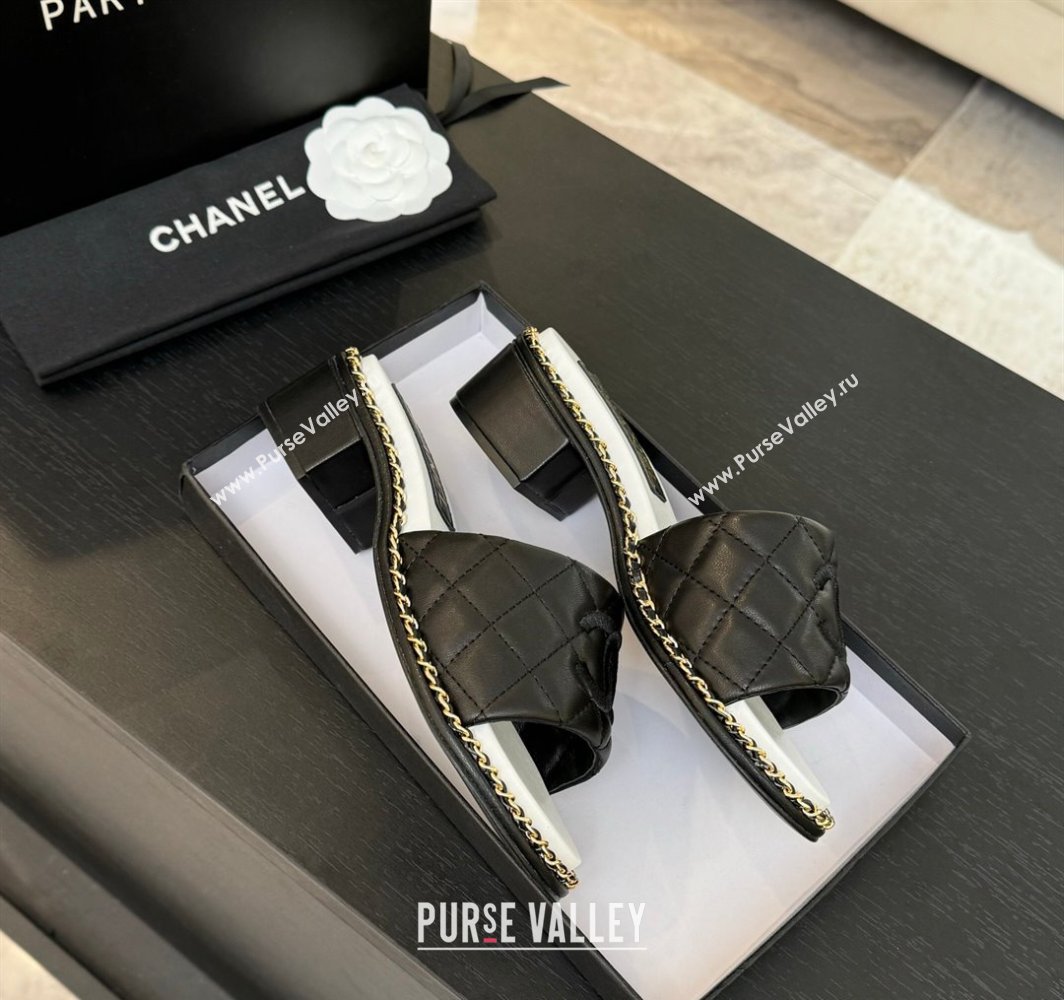 Chanel Quilted Lambskin Heel Slides Sandal with Chain Black 2025 CH030407 (MD-250304117)