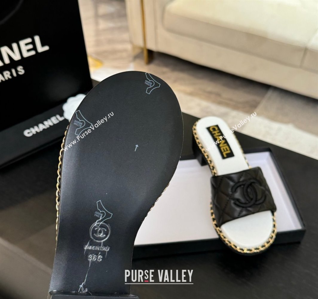 Chanel Quilted Lambskin Heel Slides Sandal with Chain Black 2025 CH030407 (MD-250304117)