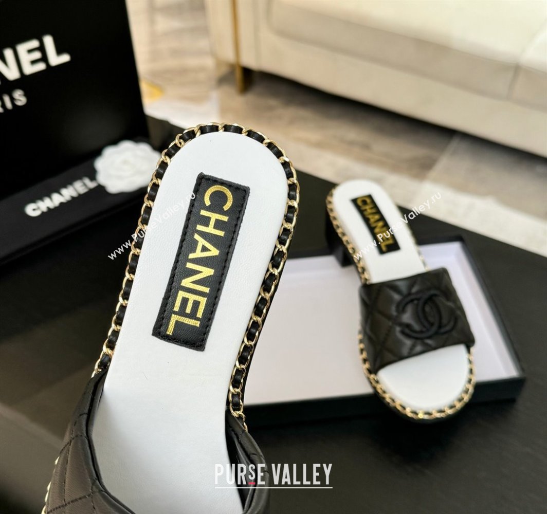 Chanel Quilted Lambskin Heel Slides Sandal with Chain Black 2025 CH030407 (MD-250304117)