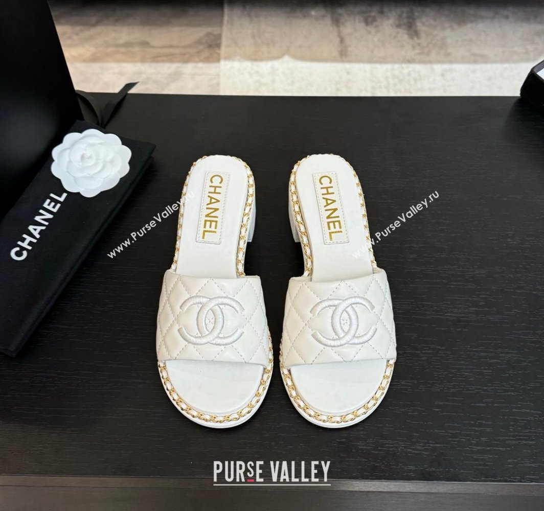 Chanel Quilted Lambskin Heel Slides Sandal with Chain White 2025 CH030407 (MD-250304118)