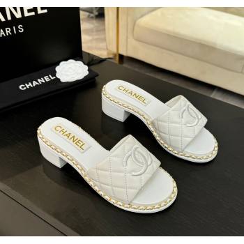 Chanel Quilted Lambskin Heel Slides Sandal with Chain White 2025 CH030407 (MD-250304118)