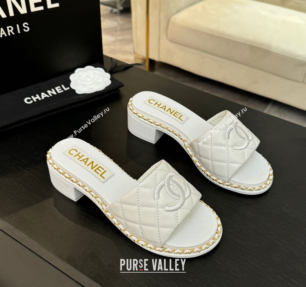 Chanel Quilted Lambskin Heel Slides Sandal with Chain White 2025 CH030407 (MD-250304118)