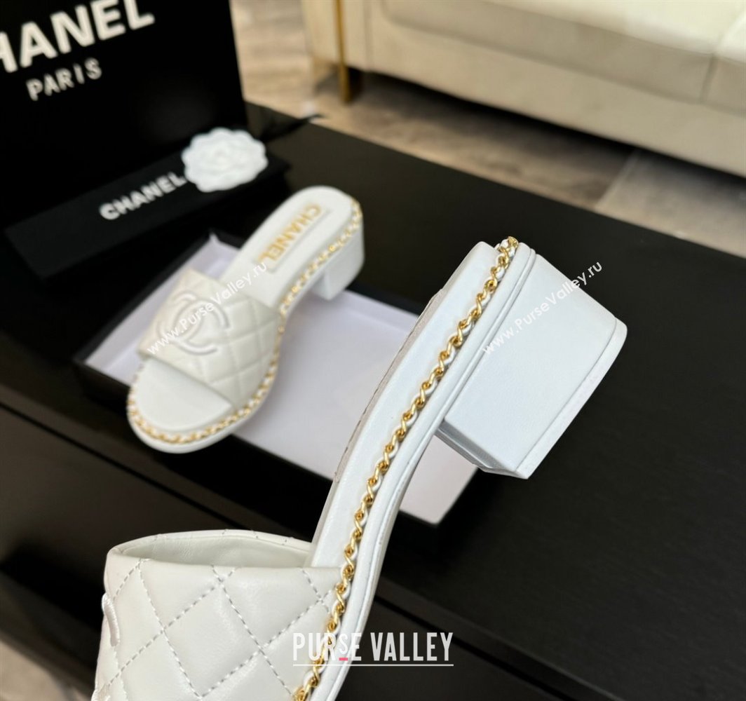Chanel Quilted Lambskin Heel Slides Sandal with Chain White 2025 CH030407 (MD-250304118)