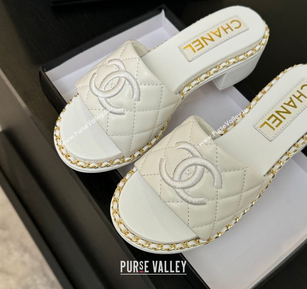 Chanel Quilted Lambskin Heel Slides Sandal with Chain White 2025 CH030407 (MD-250304118)