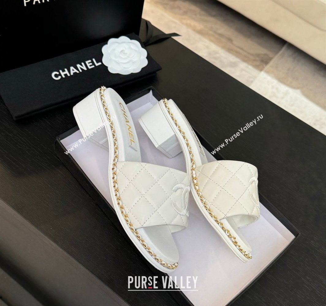 Chanel Quilted Lambskin Heel Slides Sandal with Chain White 2025 CH030407 (MD-250304118)