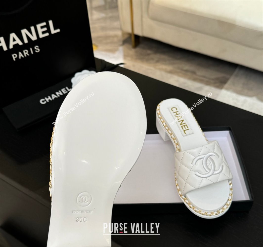 Chanel Quilted Lambskin Heel Slides Sandal with Chain White 2025 CH030407 (MD-250304118)