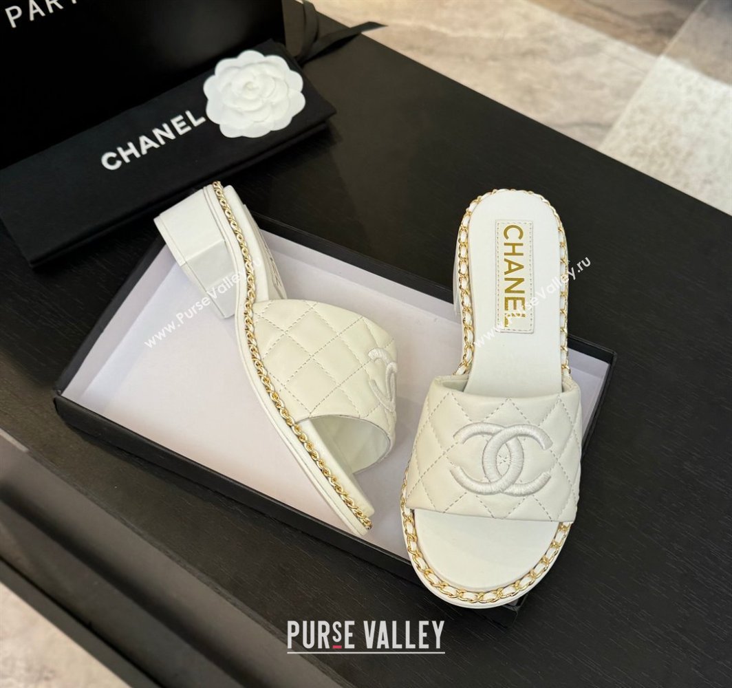 Chanel Quilted Lambskin Heel Slides Sandal with Chain White 2025 CH030407 (MD-250304118)
