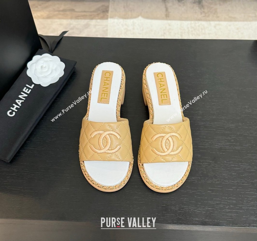 Chanel Quilted Lambskin Heel Slides Sandal with Chain Beige Yellow 2025 CH030407 (MD-250304119)
