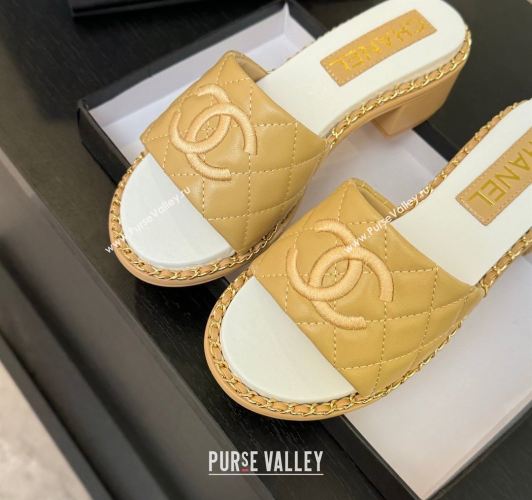 Chanel Quilted Lambskin Heel Slides Sandal with Chain Beige Yellow 2025 CH030407 (MD-250304119)