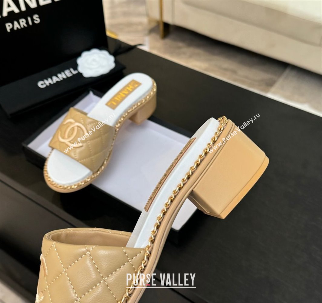 Chanel Quilted Lambskin Heel Slides Sandal with Chain Beige Yellow 2025 CH030407 (MD-250304119)