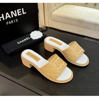 Chanel Quilted Lambskin Heel Slides Sandal with Chain Beige Yellow 2025 CH030407 (MD-250304119)
