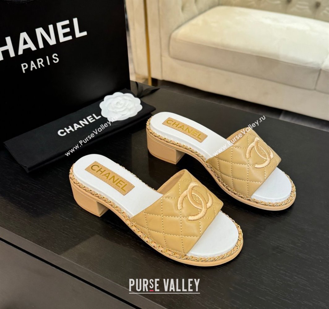 Chanel Quilted Lambskin Heel Slides Sandal with Chain Beige Yellow 2025 CH030407 (MD-250304119)