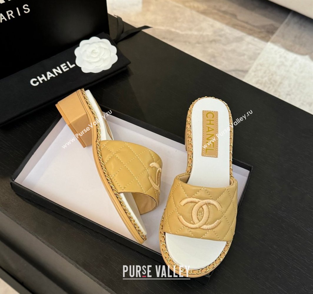Chanel Quilted Lambskin Heel Slides Sandal with Chain Beige Yellow 2025 CH030407 (MD-250304119)