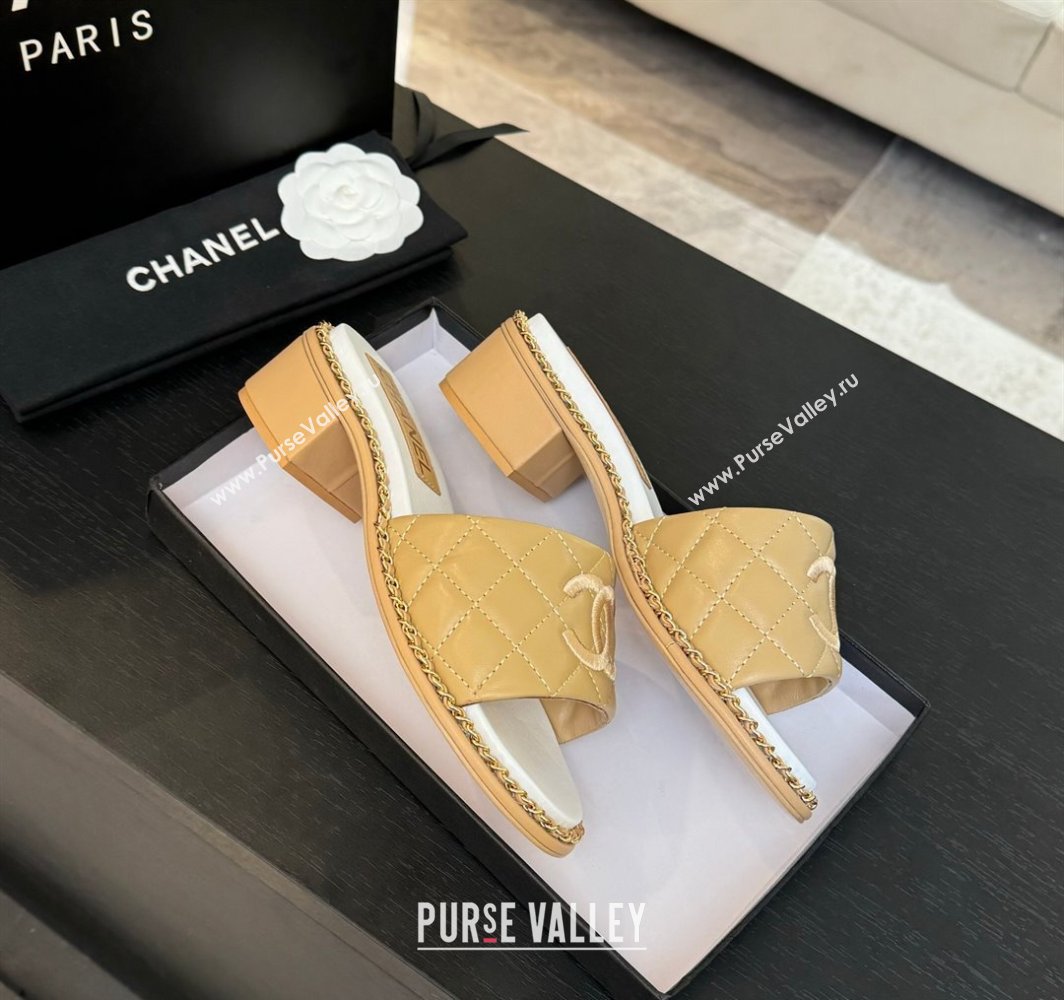 Chanel Quilted Lambskin Heel Slides Sandal with Chain Beige Yellow 2025 CH030407 (MD-250304119)