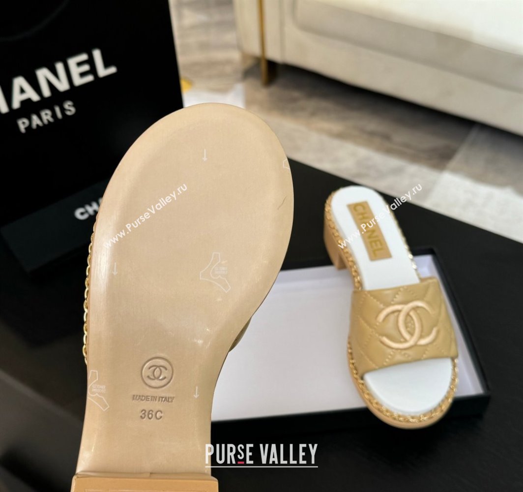 Chanel Quilted Lambskin Heel Slides Sandal with Chain Beige Yellow 2025 CH030407 (MD-250304119)