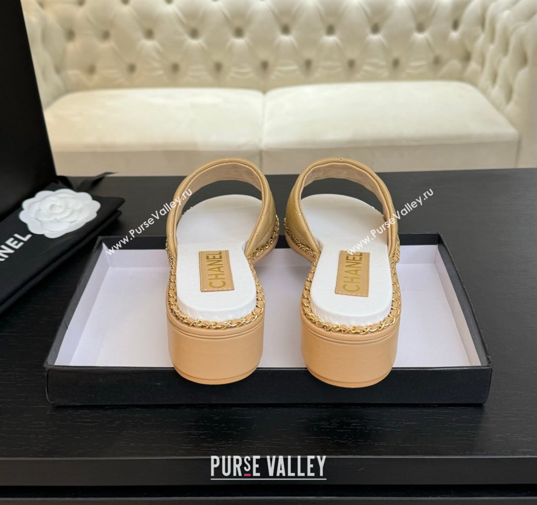 Chanel Quilted Lambskin Heel Slides Sandal with Chain Beige Yellow 2025 CH030407 (MD-250304119)