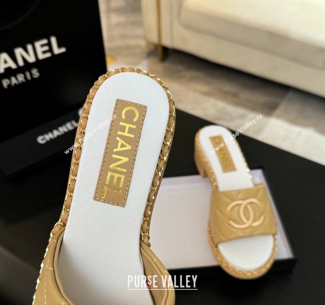 Chanel Quilted Lambskin Heel Slides Sandal with Chain Beige Yellow 2025 CH030407 (MD-250304119)